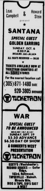 Golden Earring and Santana show ad for October 06, 1974 Miami - Jay Alai Fronton show